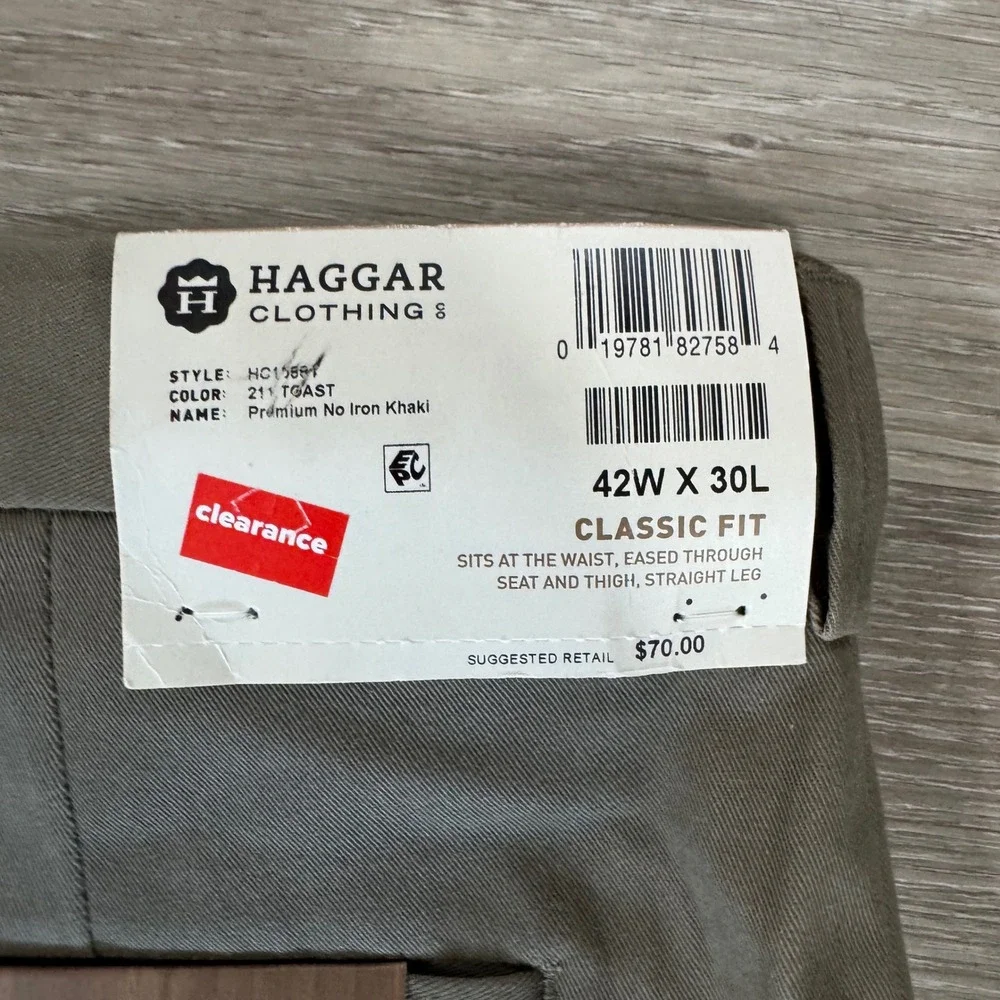 NWT Haggar Pants Mens 42x30 Brown Premium No Iron Classic Fit Stretch Flat Front